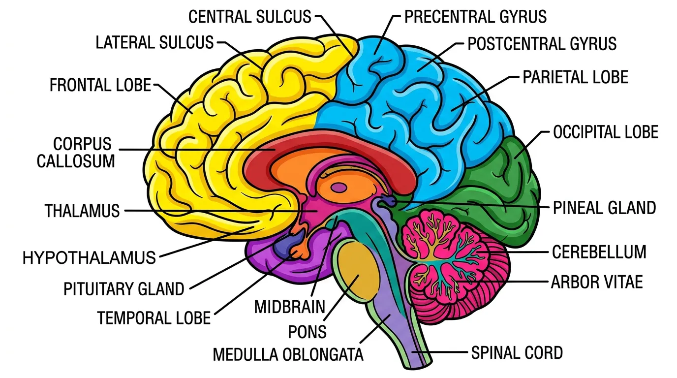 A detailed diagram of a human brain with labeled parts. coloring page to print