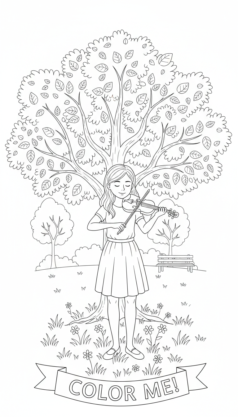 A girl playing a violin under a tree in the park. coloring page to print