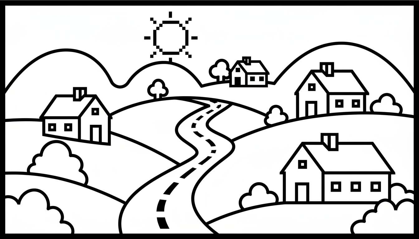 rolling hills with country road and farmhouses coloring page to print