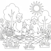 Happy family having a picnic in lush green meadow