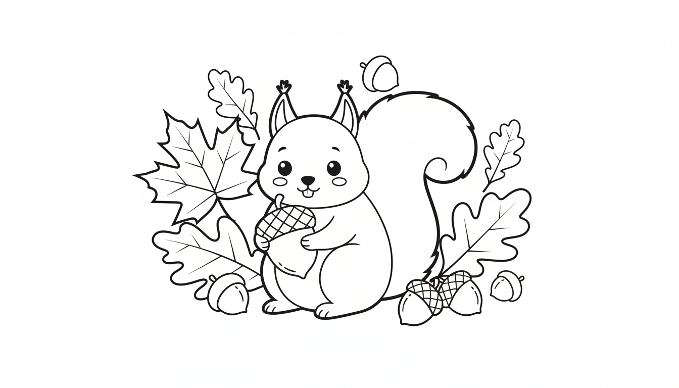 Cute squirrel gathering nuts in autumn leaves coloring page to print