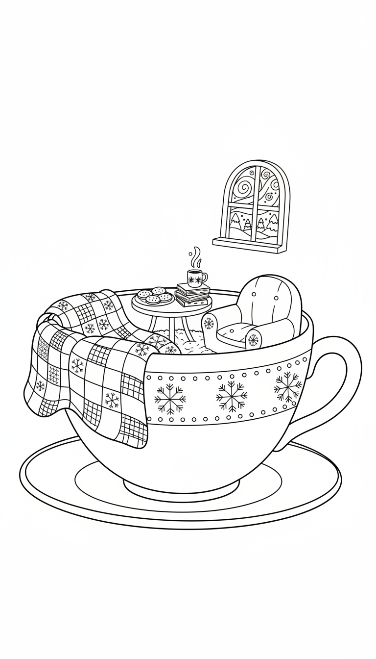 cozy Christmas reading nook in a giant teacup coloring page to print