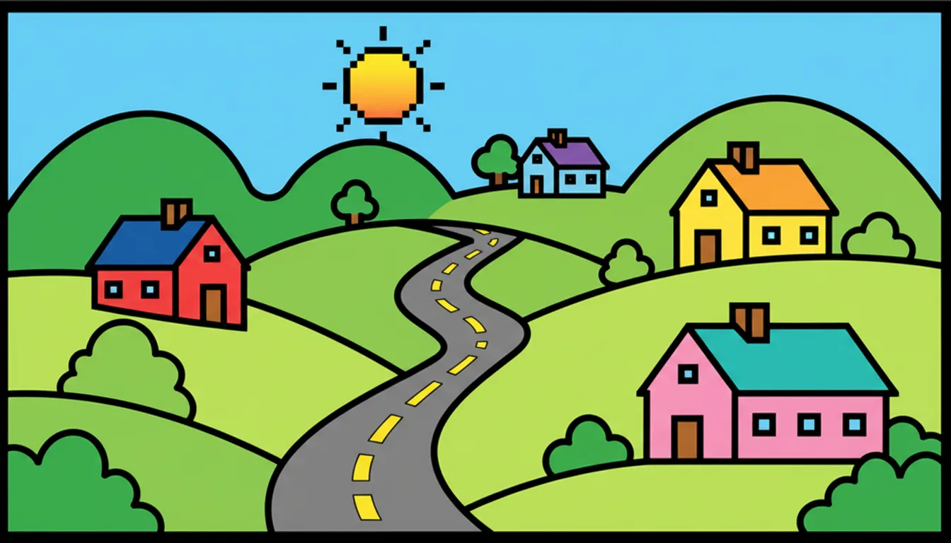 rolling hills with country road and farmhouses coloring page to print
