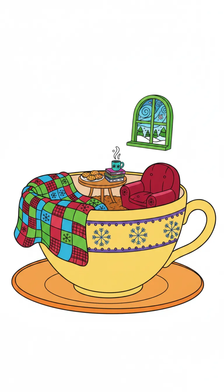 cozy Christmas reading nook in a giant teacup coloring page to print