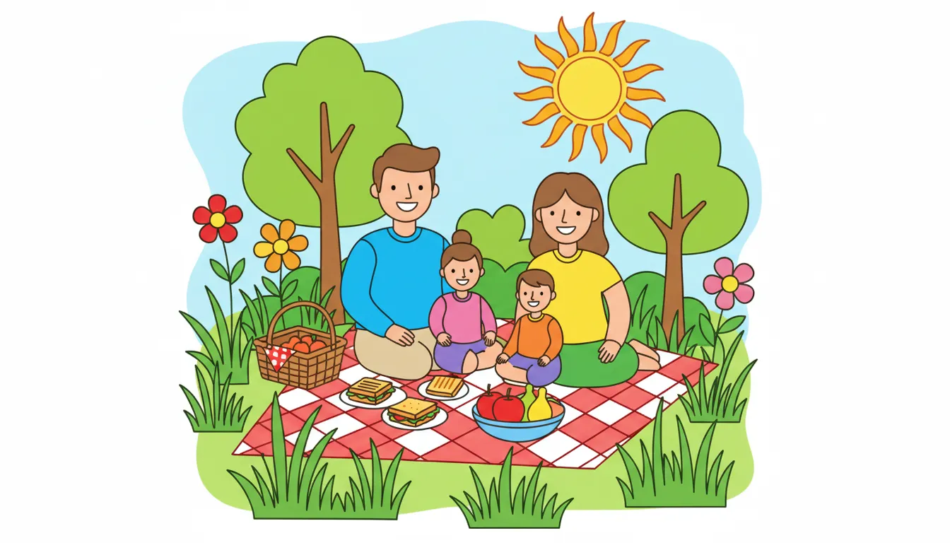 Happy family having a picnic in lush green meadow coloring page to print