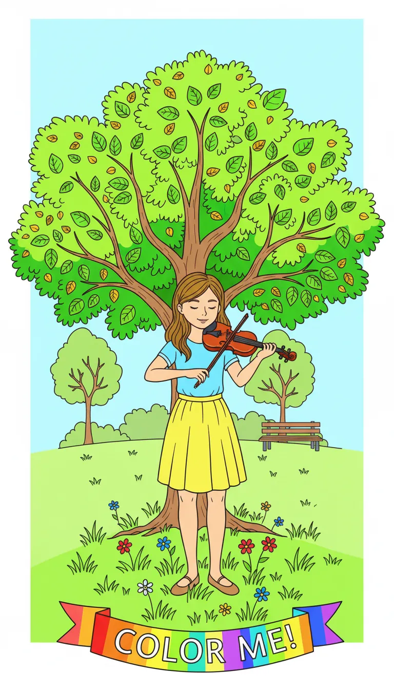 A girl playing a violin under a tree in the park. coloring page to print