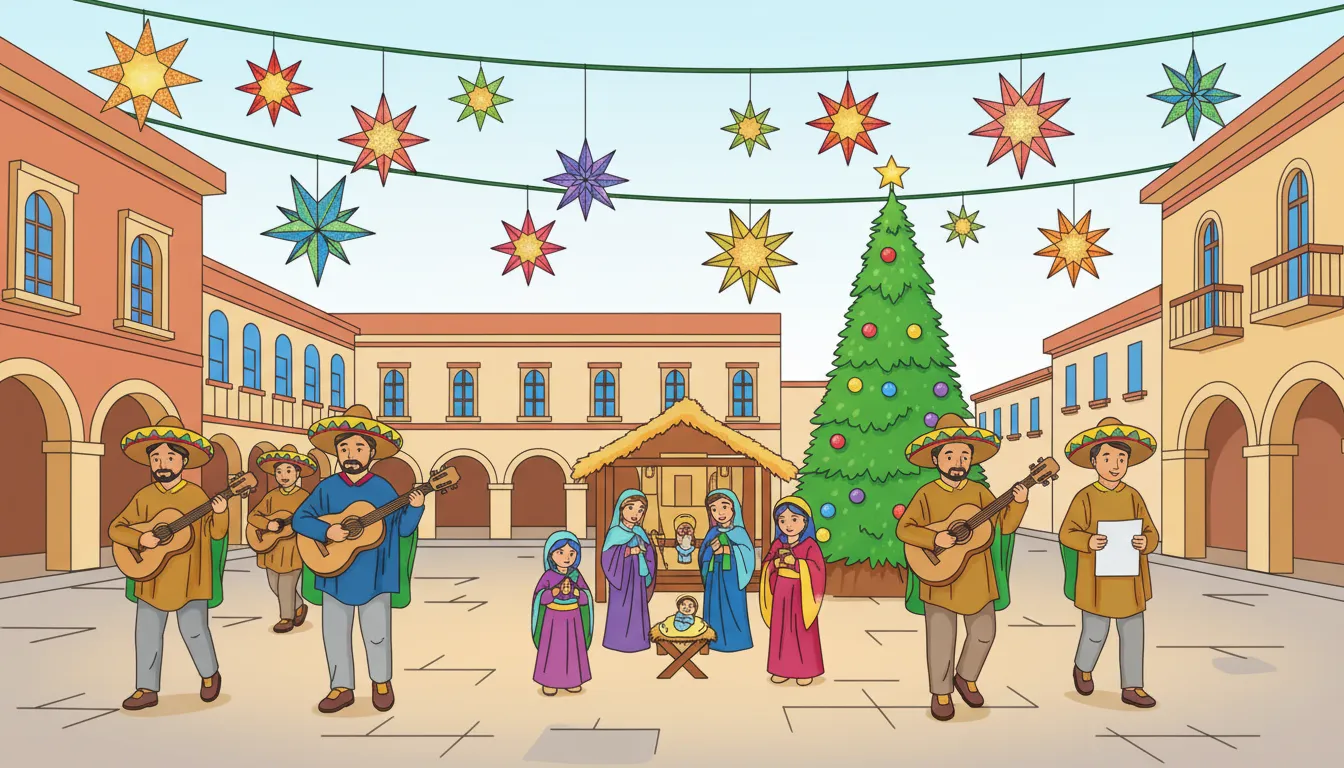 Christmas nativity procession in Latin American plaza coloring page to print