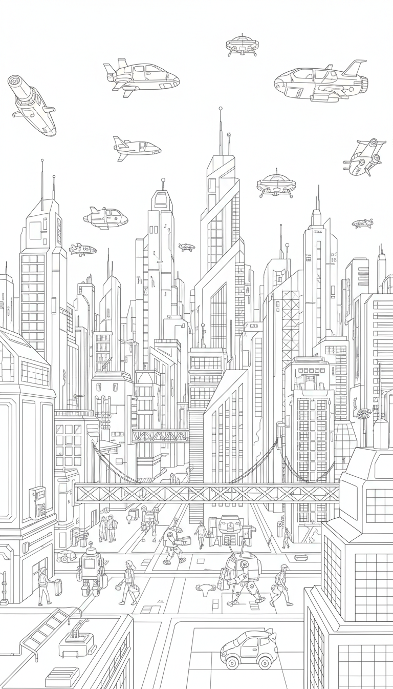 Futuristic city with flying cars and robots coloring page to print