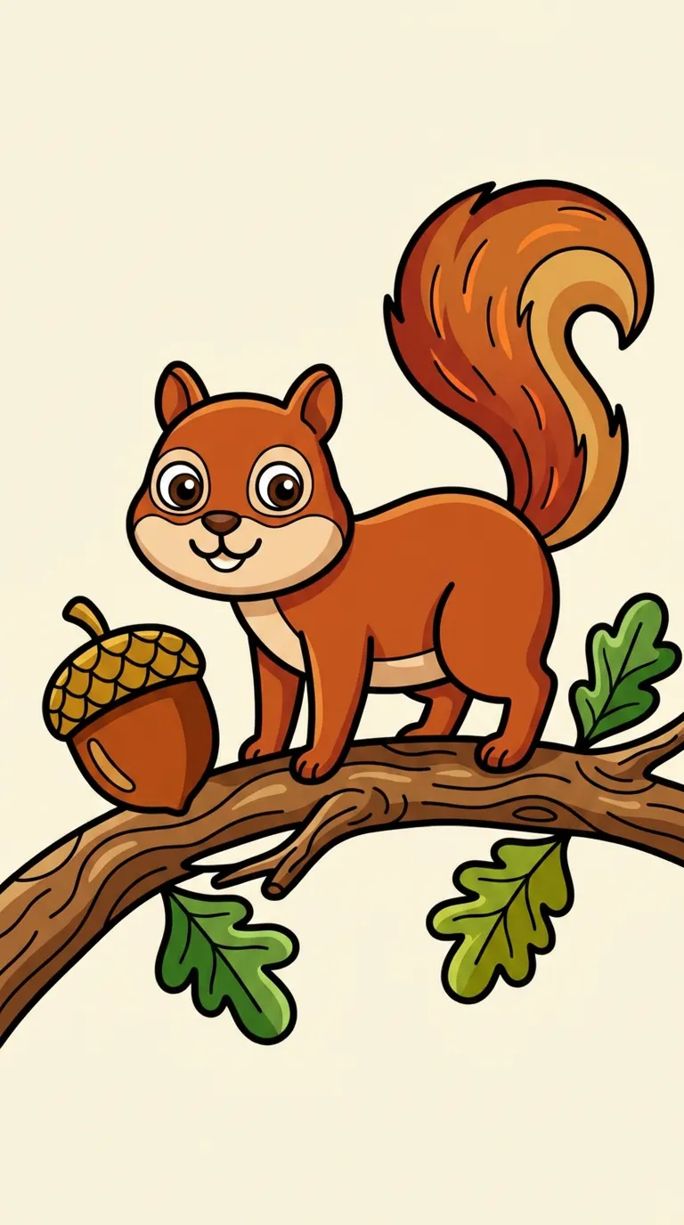 playful squirrel balancing on branch with acorn coloring page to print