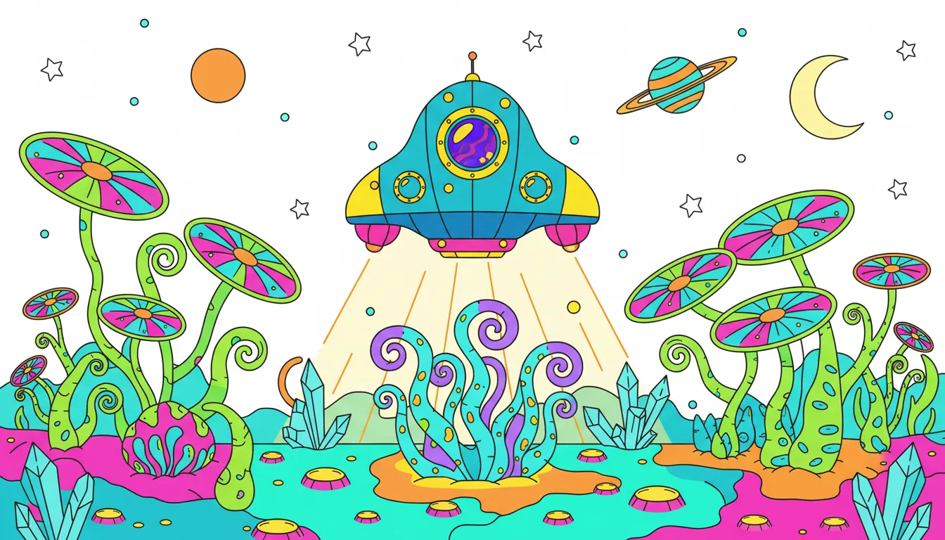 A spaceship landing on an unfamiliar planet with strange plants. coloring page to print