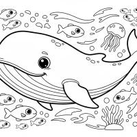 whale swimming in deep ocean with fish