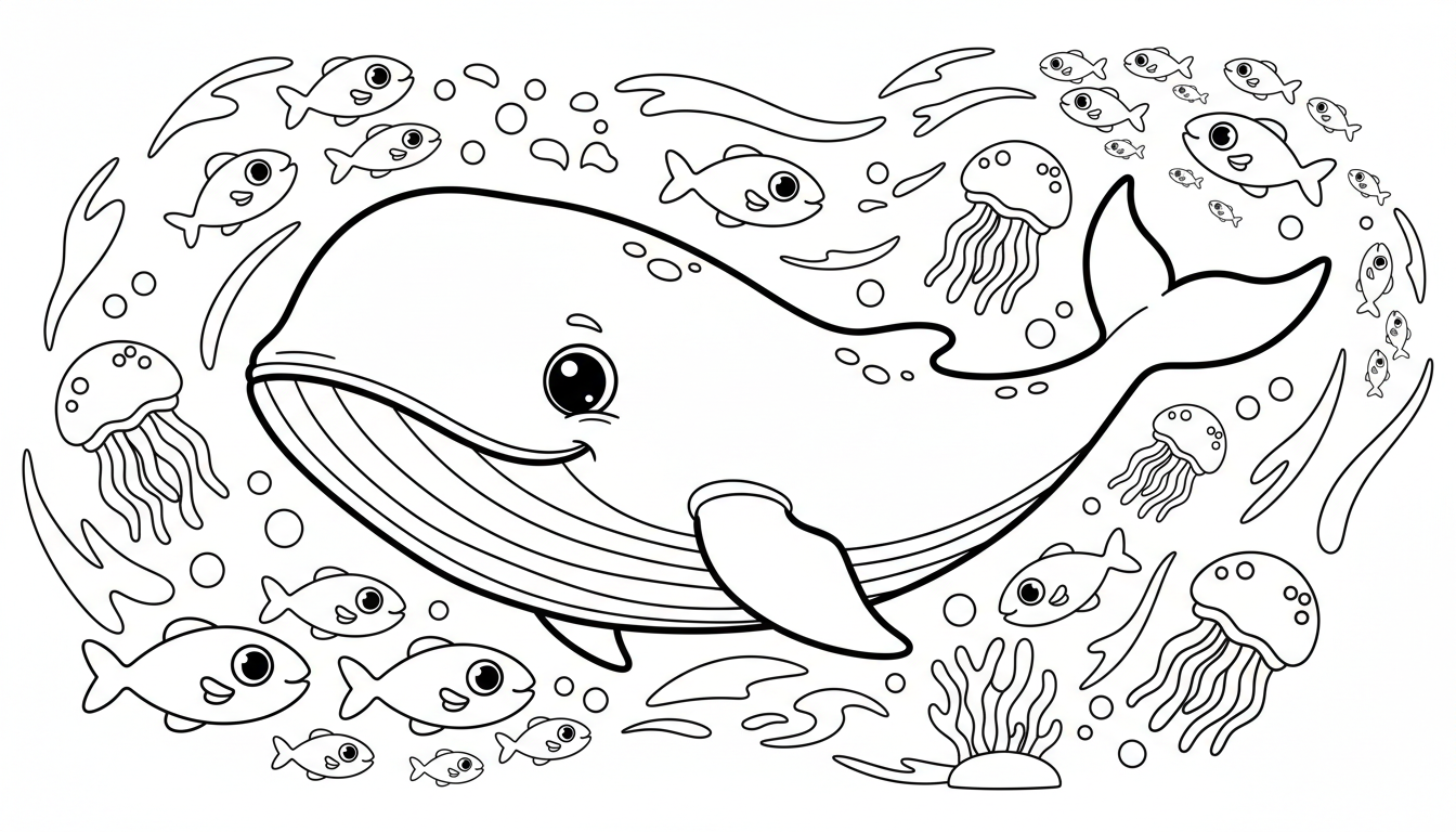 whale swimming in deep ocean with fish coloring page to print