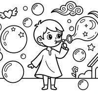 child blowing bubbles in yard