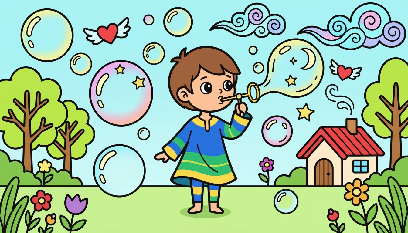 child blowing bubbles in yard coloring page to print