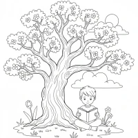child reading under oak tree in spring