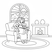 Mother reading story to children inside cozy house