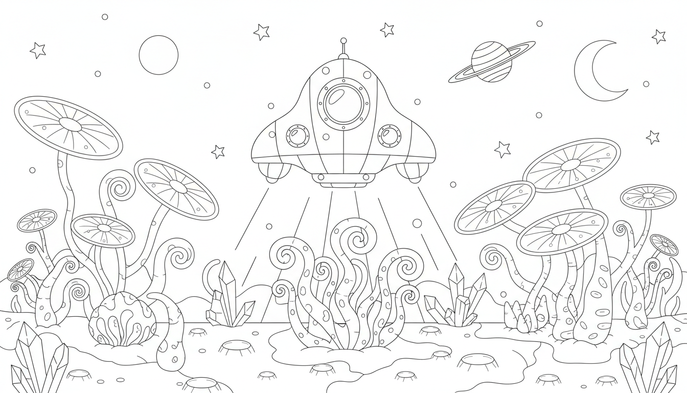 A spaceship landing on an unfamiliar planet with strange plants. coloring page to print