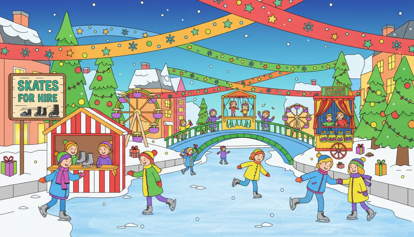 Christmas carnival on frozen canal coloring page to print