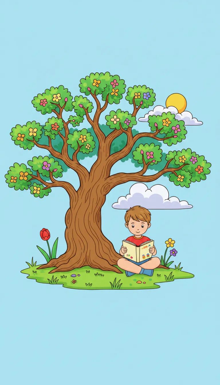 child reading under oak tree in spring coloring page to print