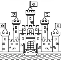 magical castle with tall towers, flags and drawbridge
