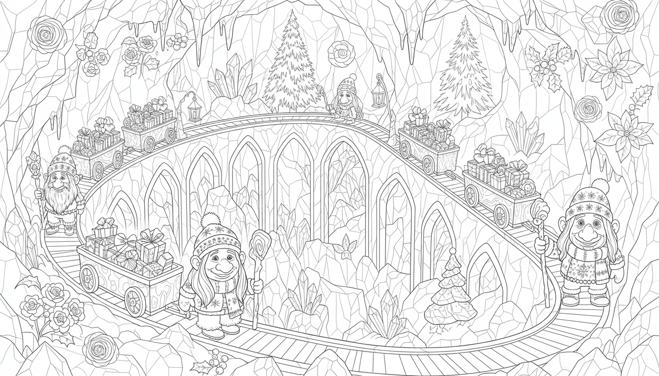 Christmas ice cavern railway with lantern carts coloring page to print