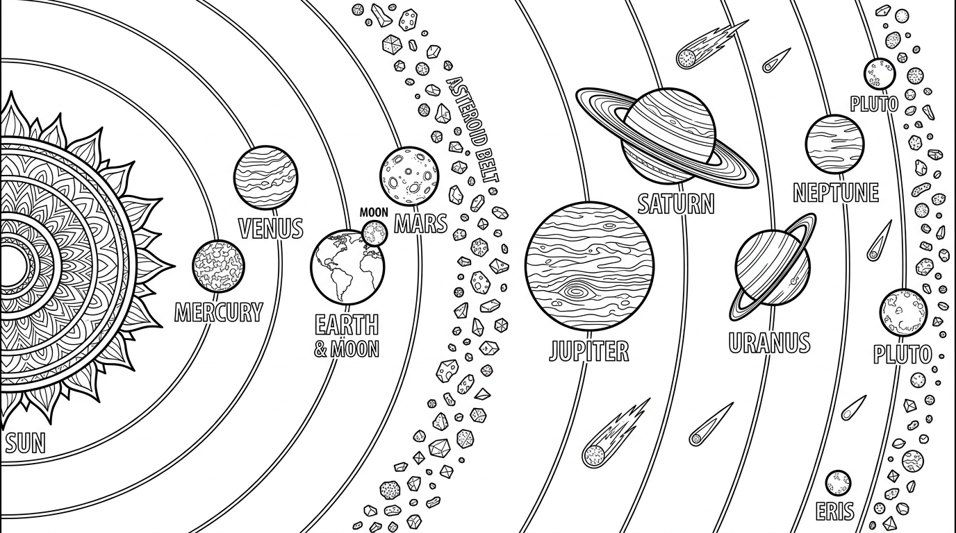 A detailed map of the solar system showing planets orbiting the sun. coloring page to print