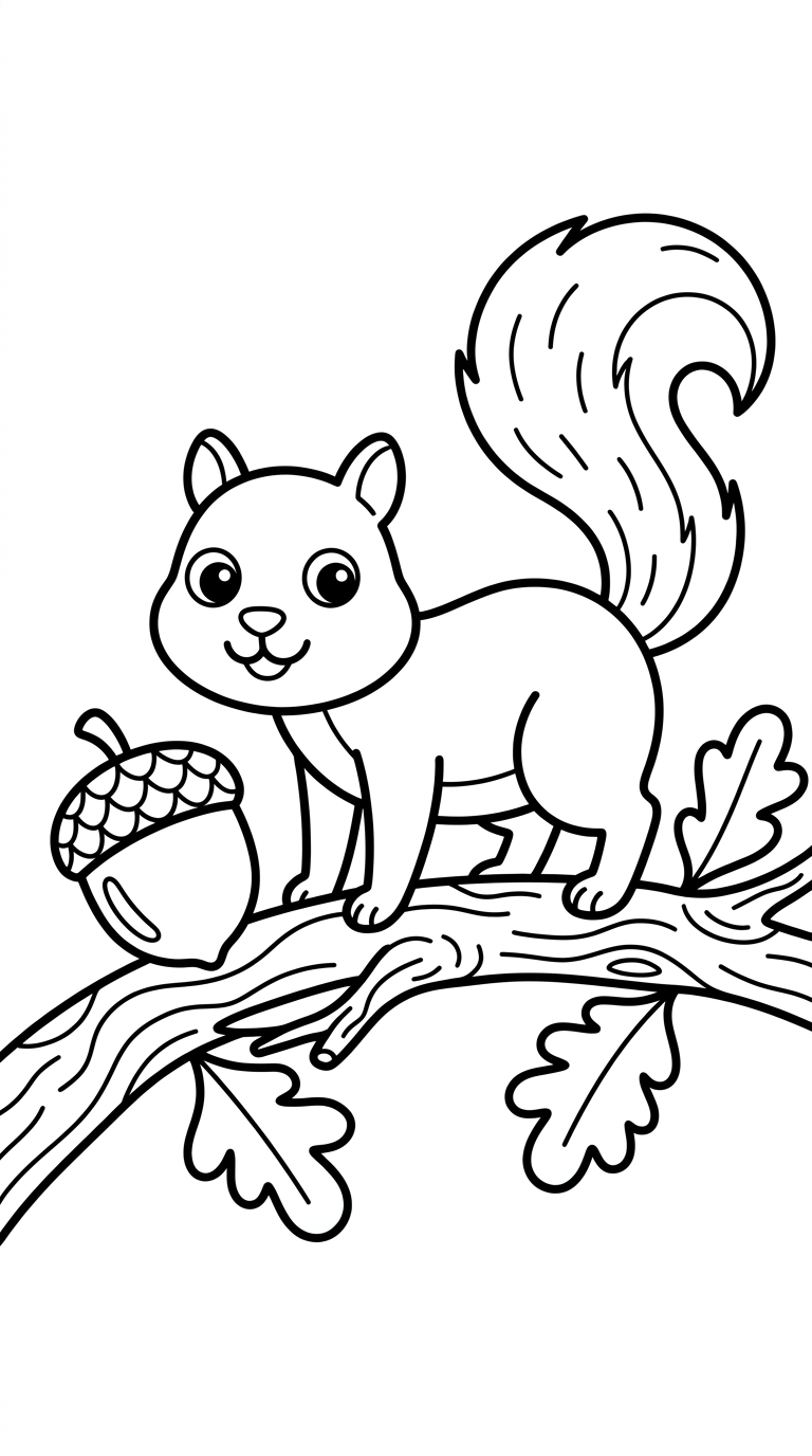 playful squirrel balancing on branch with acorn coloring page to print