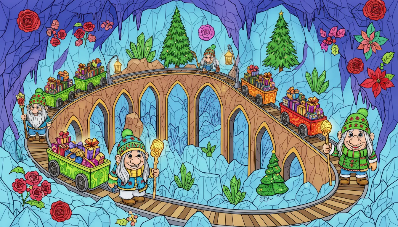 Christmas ice cavern railway with lantern carts coloring page to print