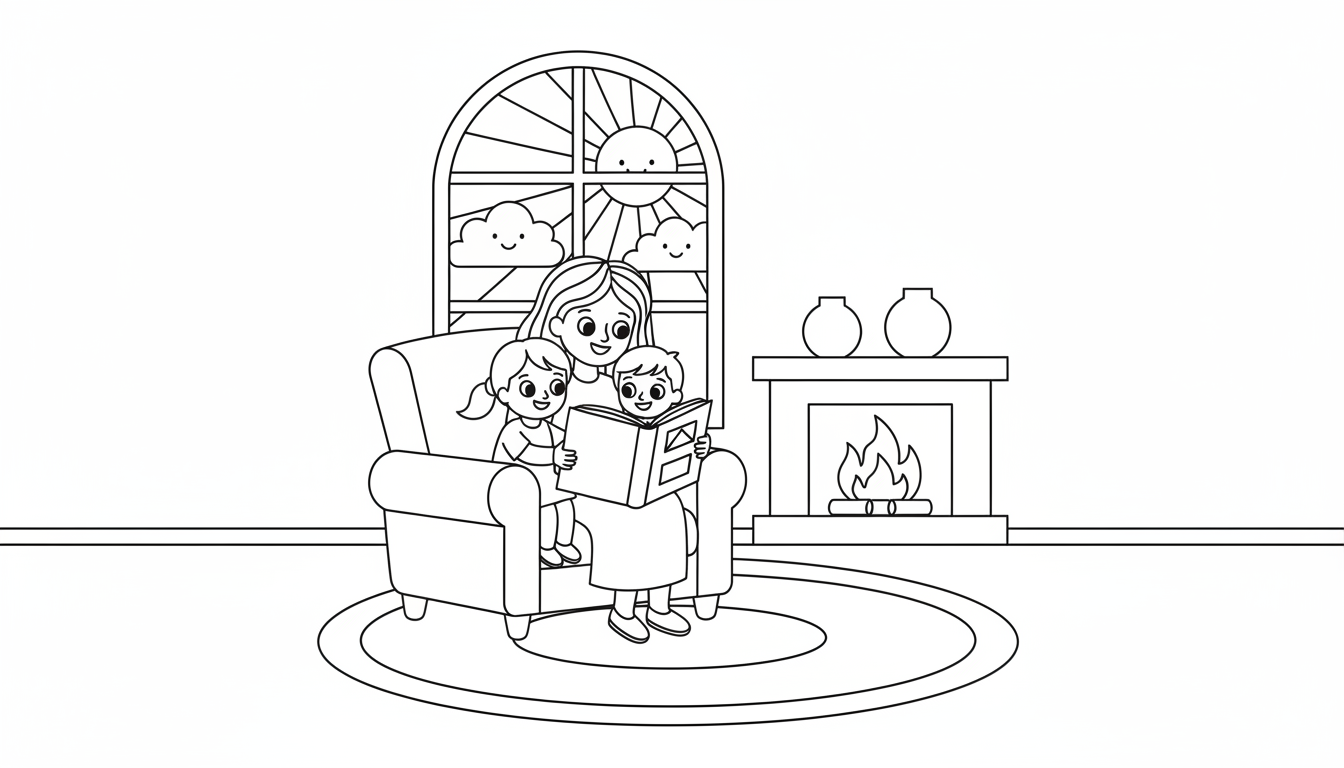 Mother reading story to children inside cozy house coloring page to print