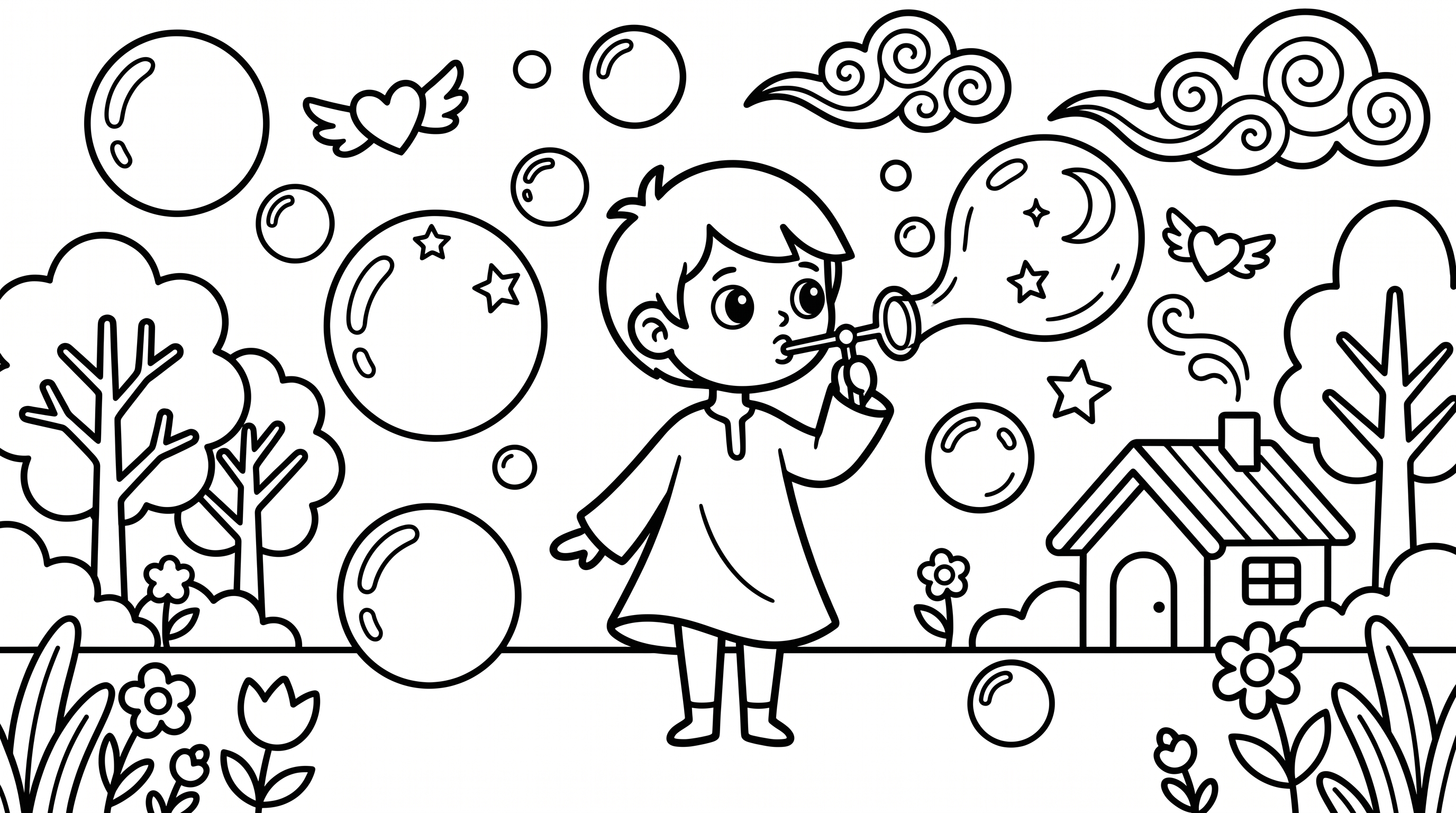 child blowing bubbles in yard coloring page to print