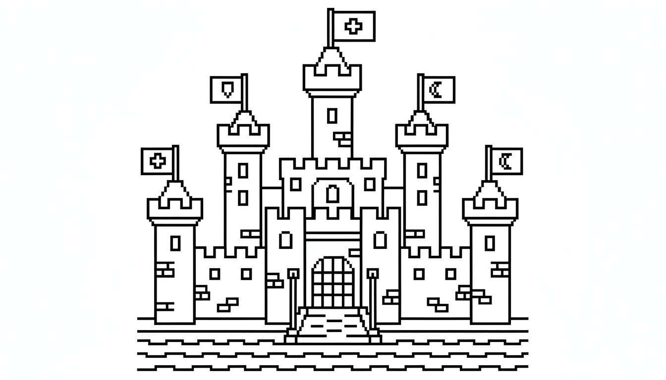 magical castle with tall towers, flags and drawbridge coloring page to print
