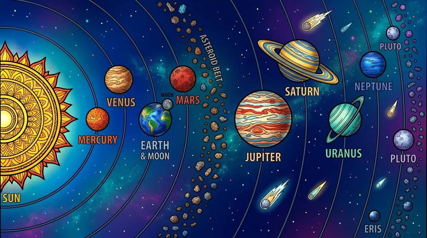 A detailed map of the solar system showing planets orbiting the sun. coloring page to print