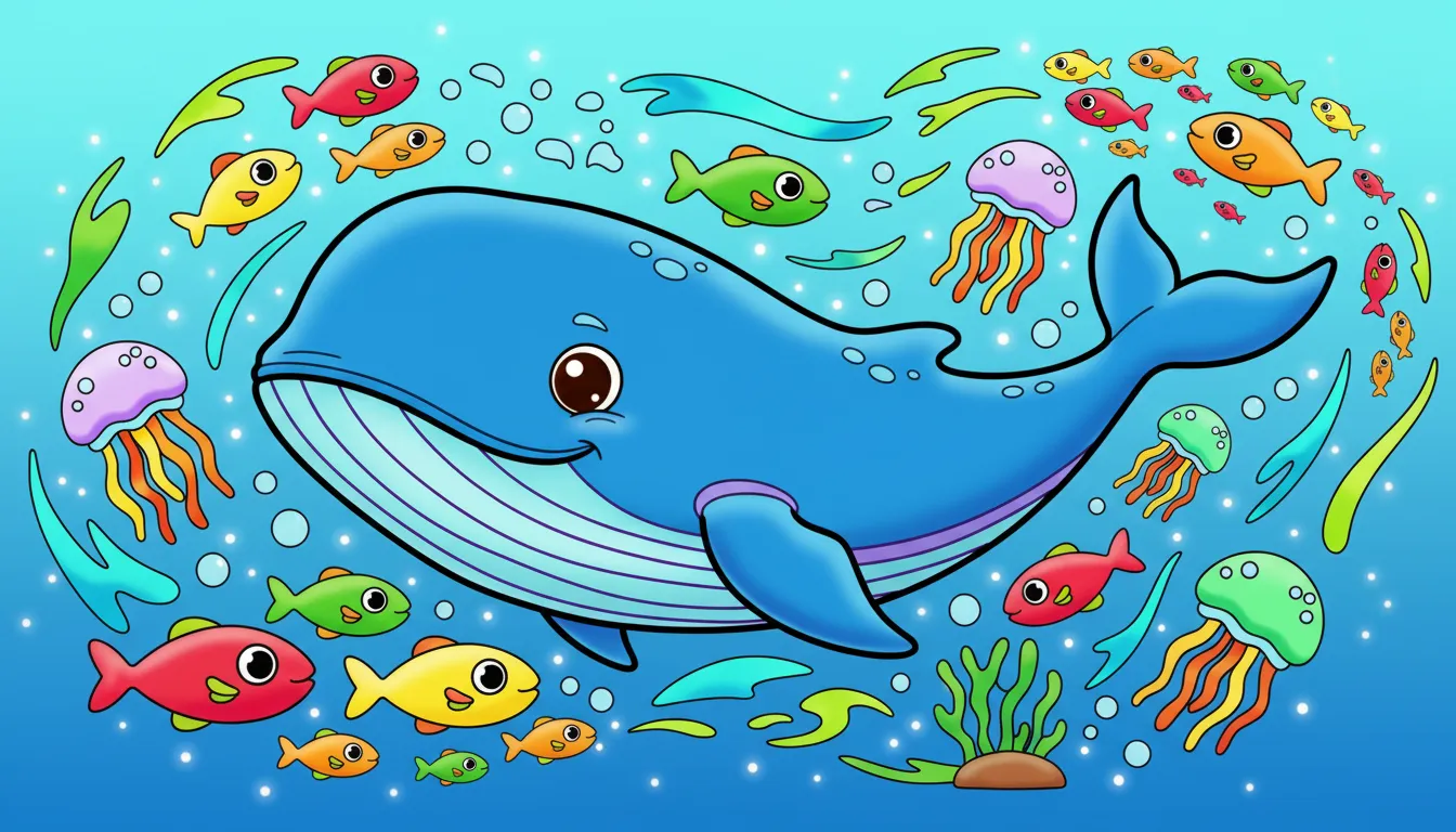 whale swimming in deep ocean with fish coloring page to print