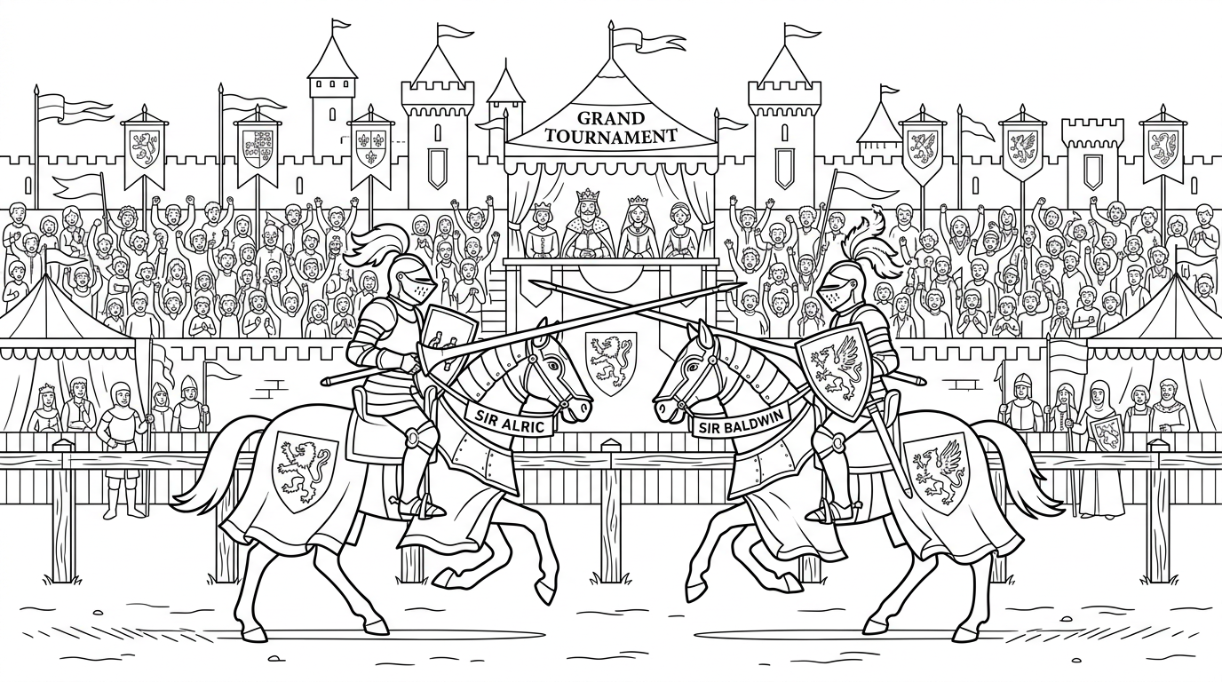 knights tournament with armored riders jousting coloring page to print
