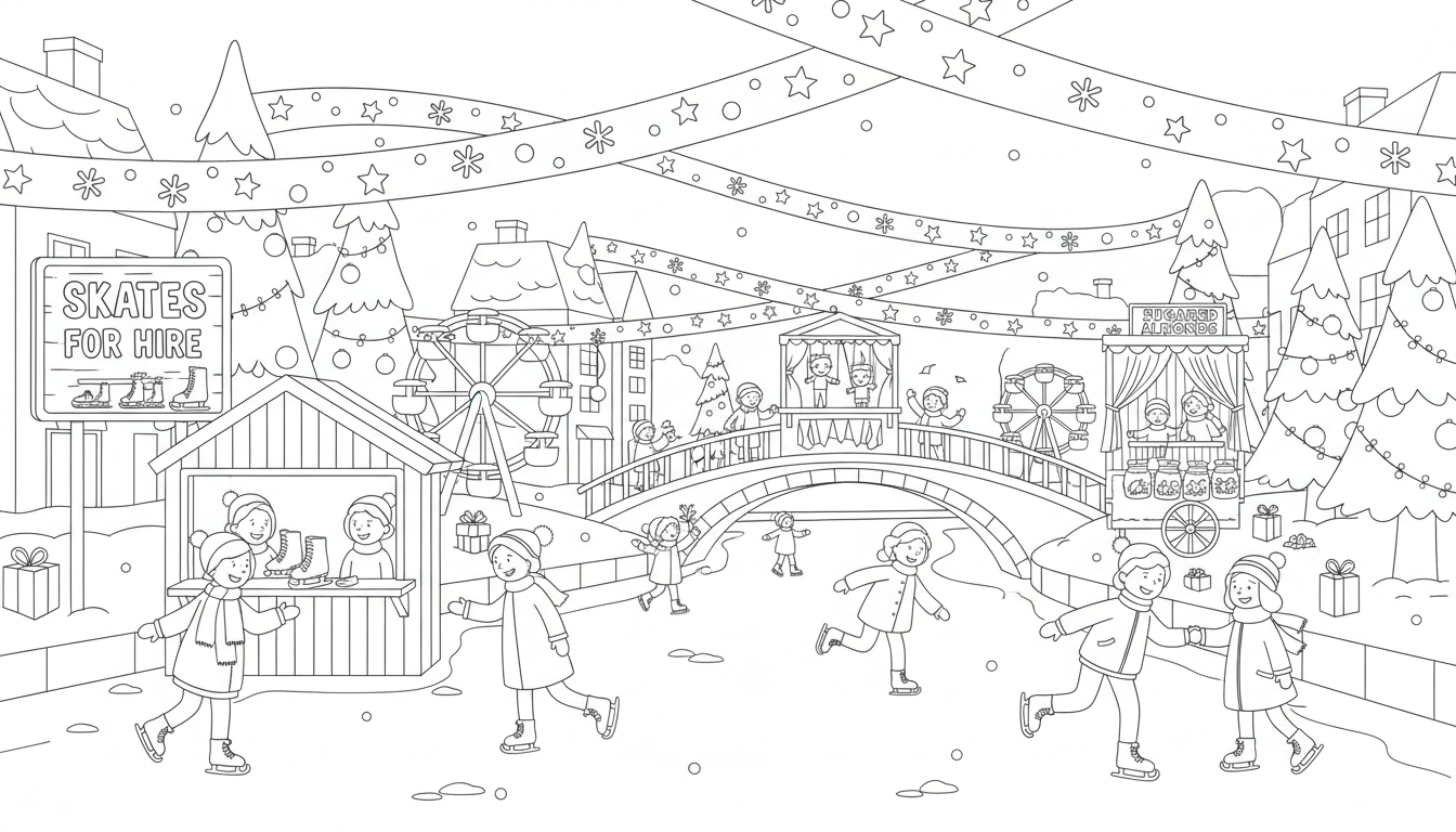 Christmas carnival on frozen canal coloring page to print