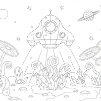 A spaceship landing on an unfamiliar planet with strange plants.