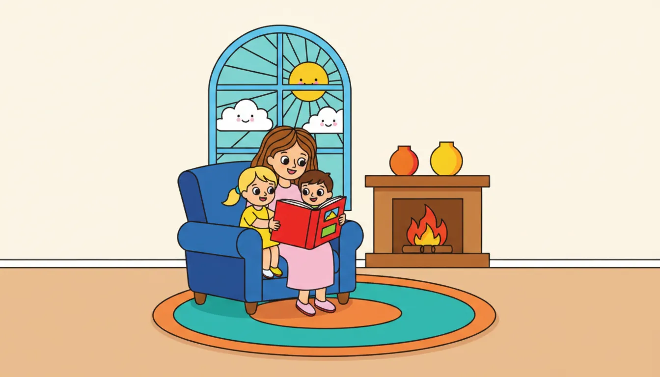 Mother reading story to children inside cozy house coloring page to print