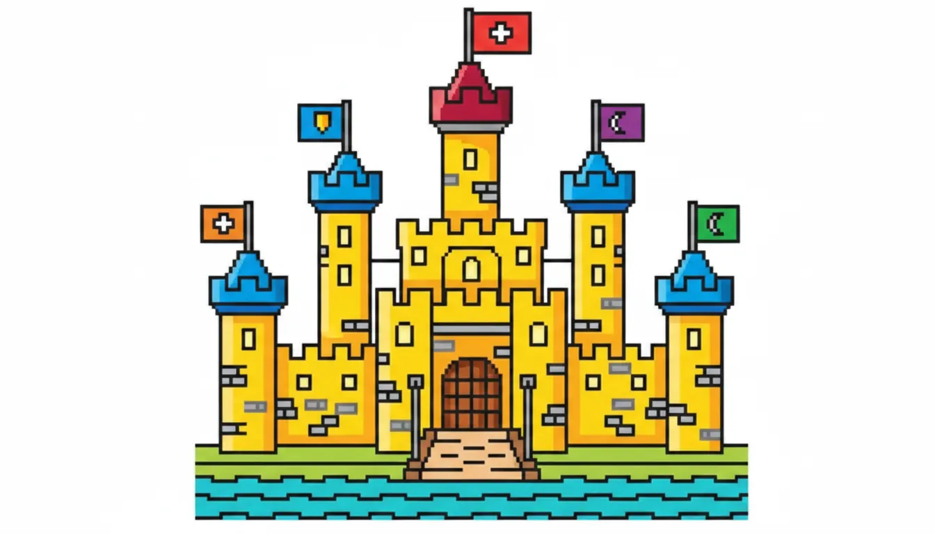 magical castle with tall towers, flags and drawbridge coloring page to print