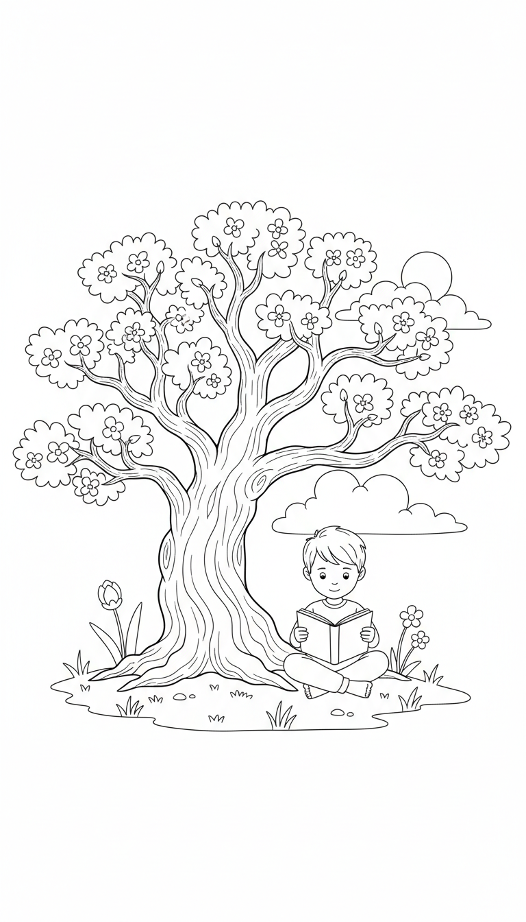 child reading under oak tree in spring coloring page to print