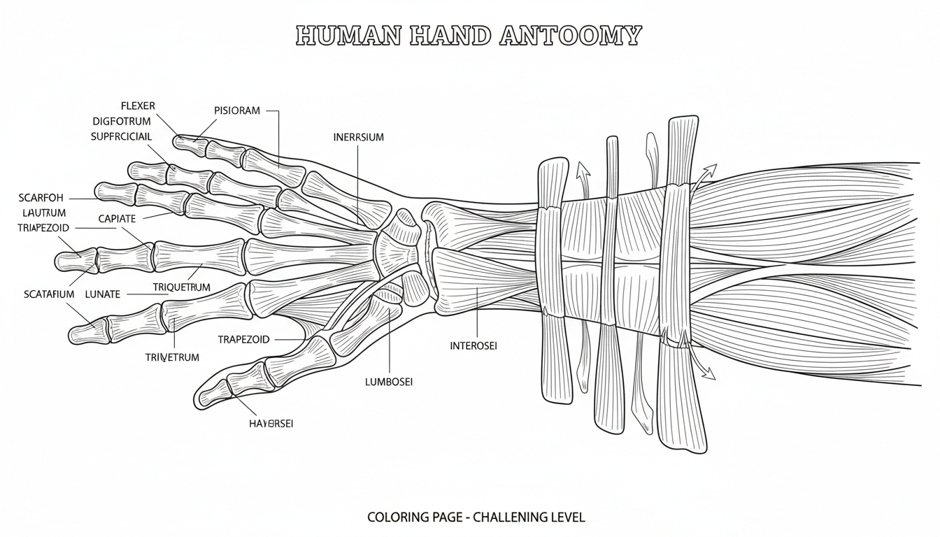 human hand bones and muscles diagram coloring page to print