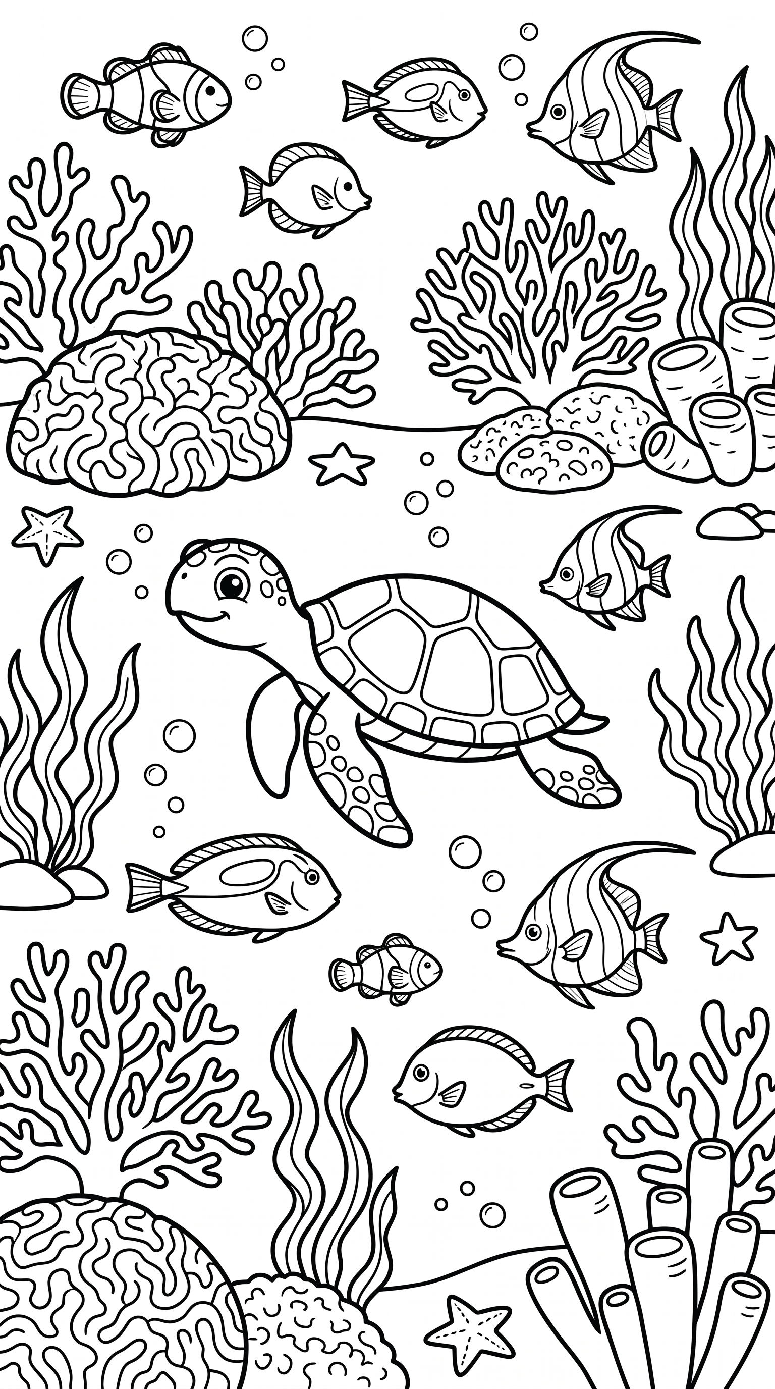Vibrant coral reef with fish, seaweed, and turtle coloring page to print