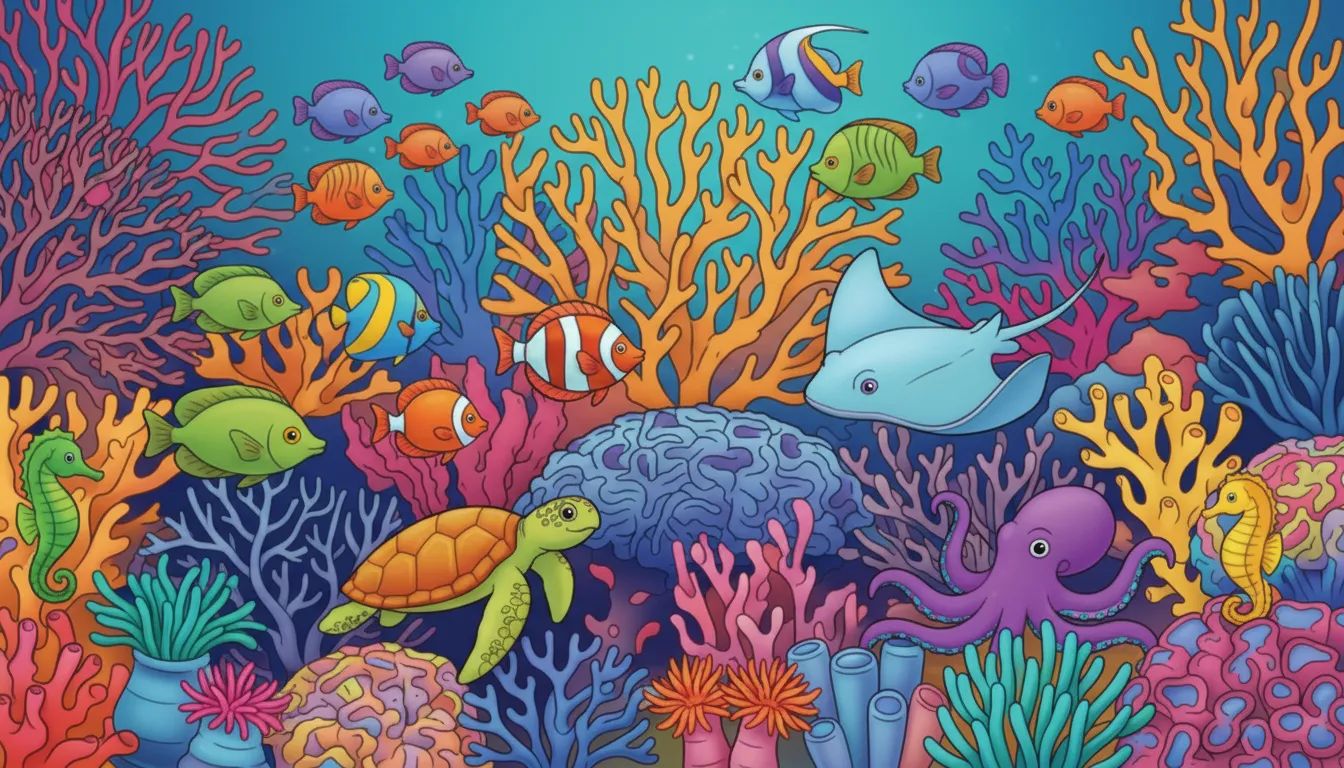 Colorful coral reef with vibrant sea life coloring page to print