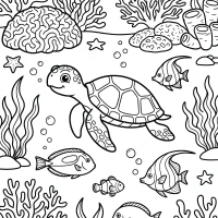 Vibrant coral reef with fish, seaweed, and turtle