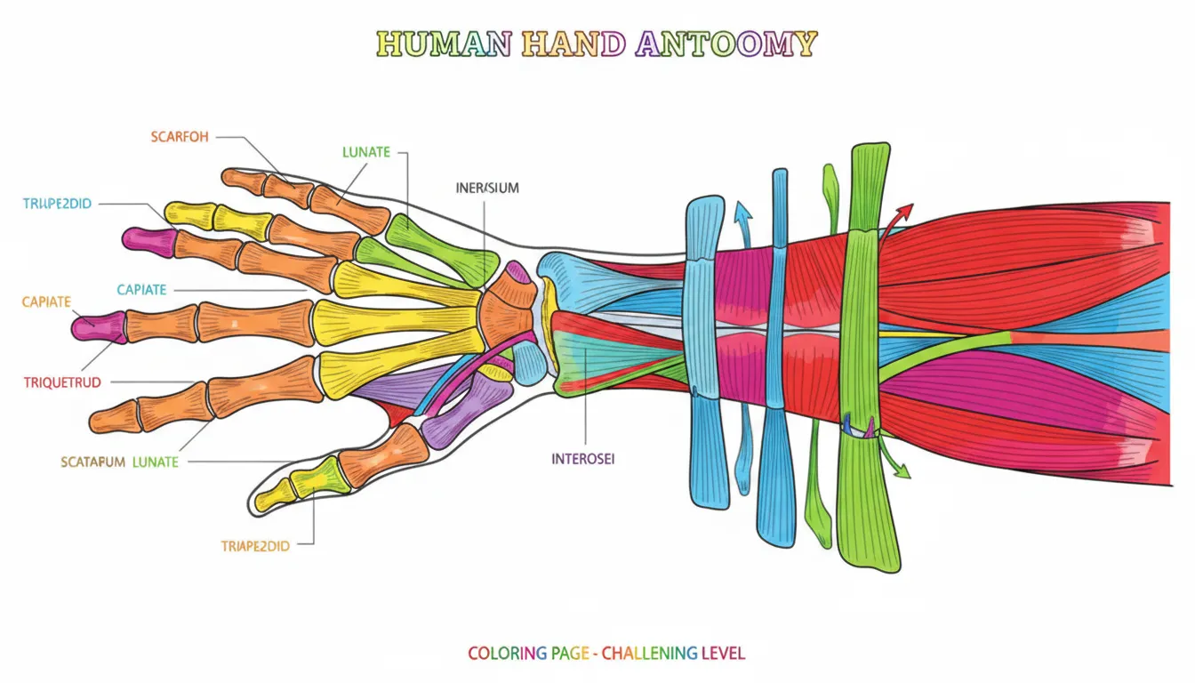 human hand bones and muscles diagram coloring page to print