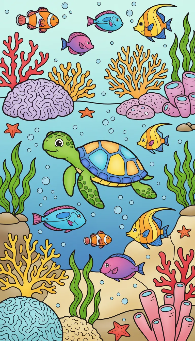 Vibrant coral reef with fish, seaweed, and turtle coloring page to print
