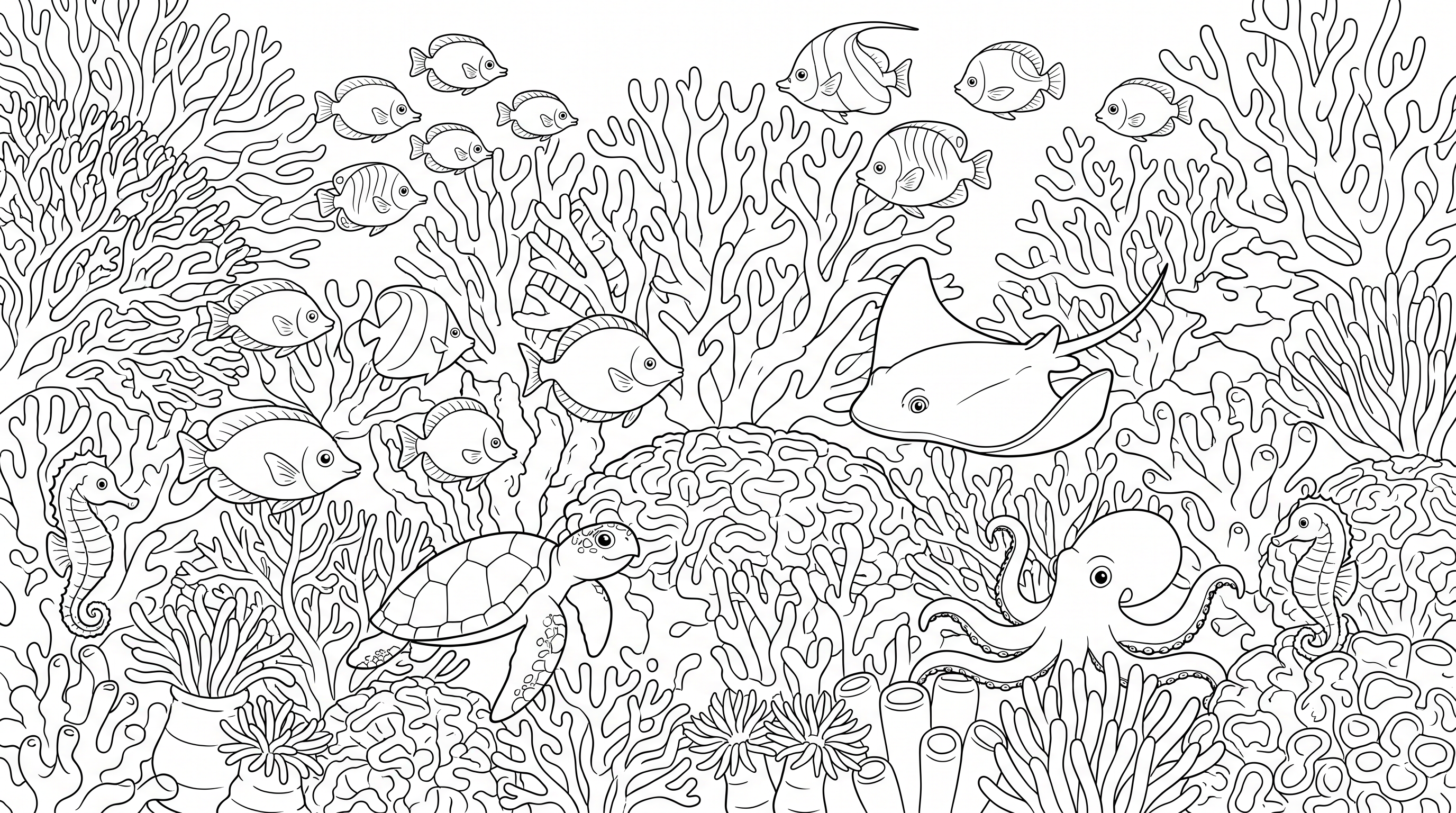Colorful coral reef with vibrant sea life coloring page to print