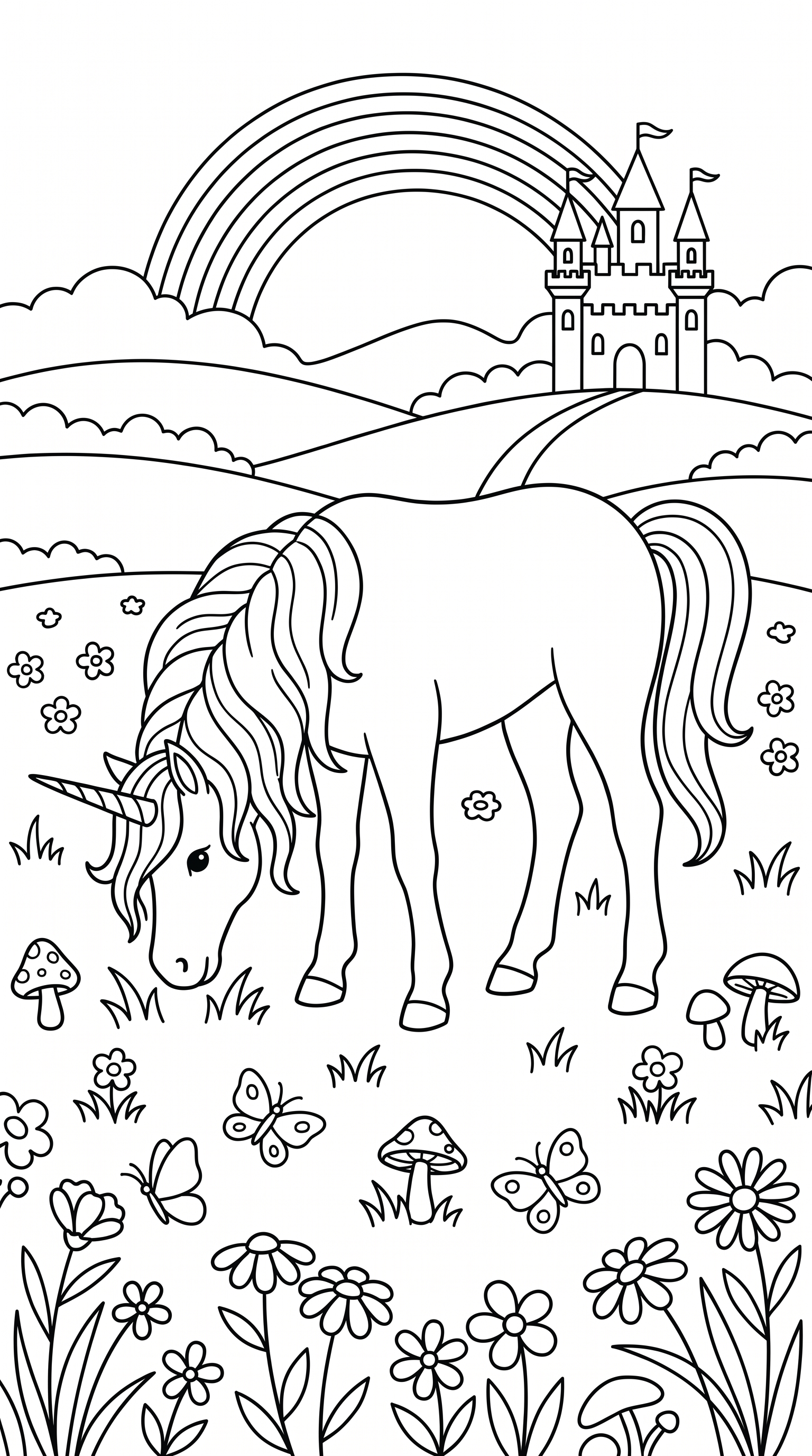 magical unicorn grazing in flower meadow coloring page to print