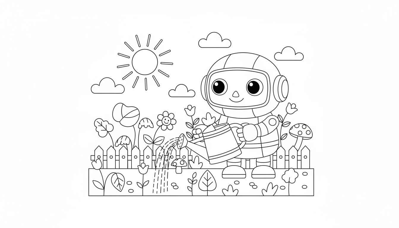 robot watering a garden with can coloring page to print