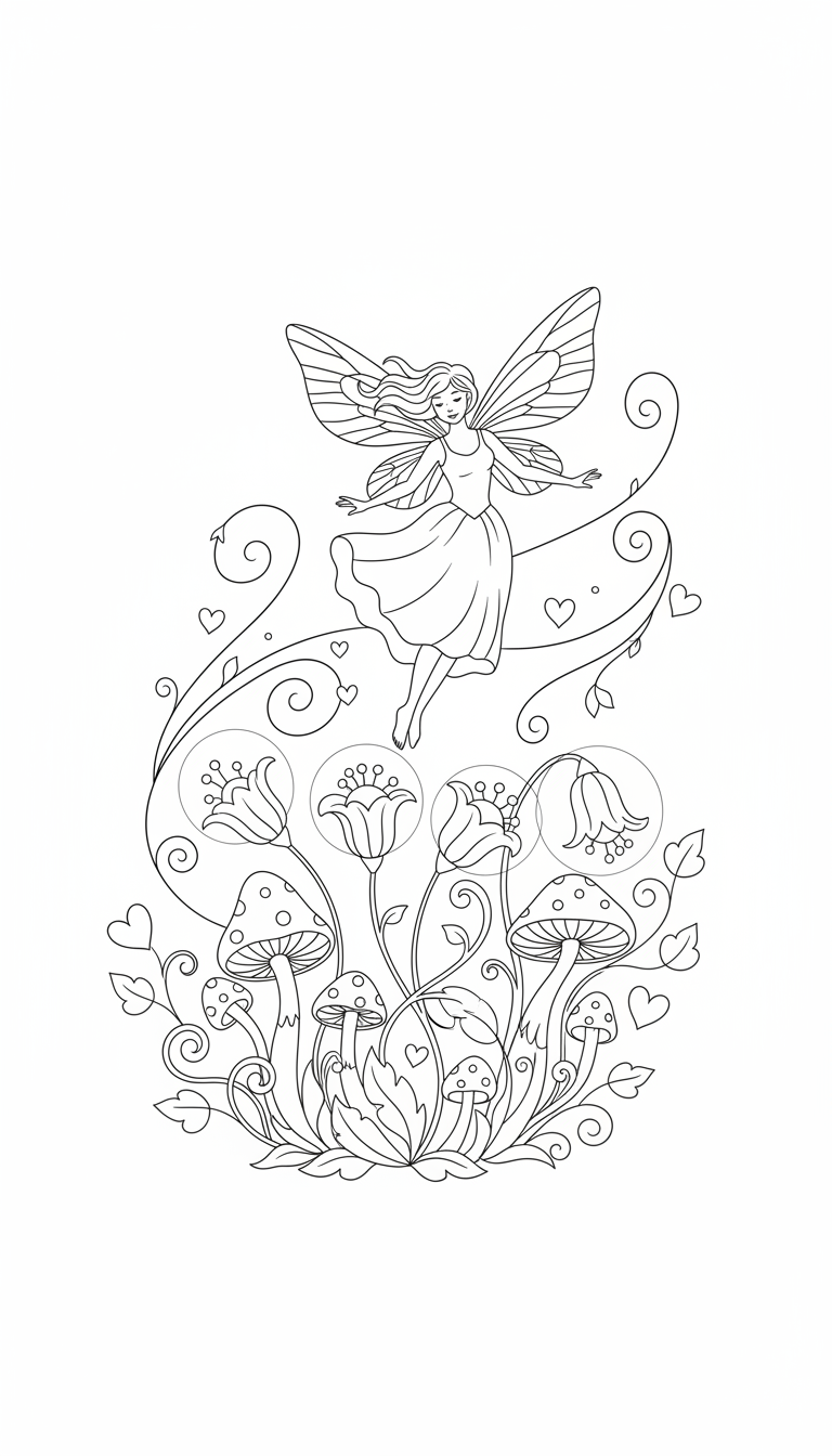 Magical fairy flying through glowing garden coloring page to print