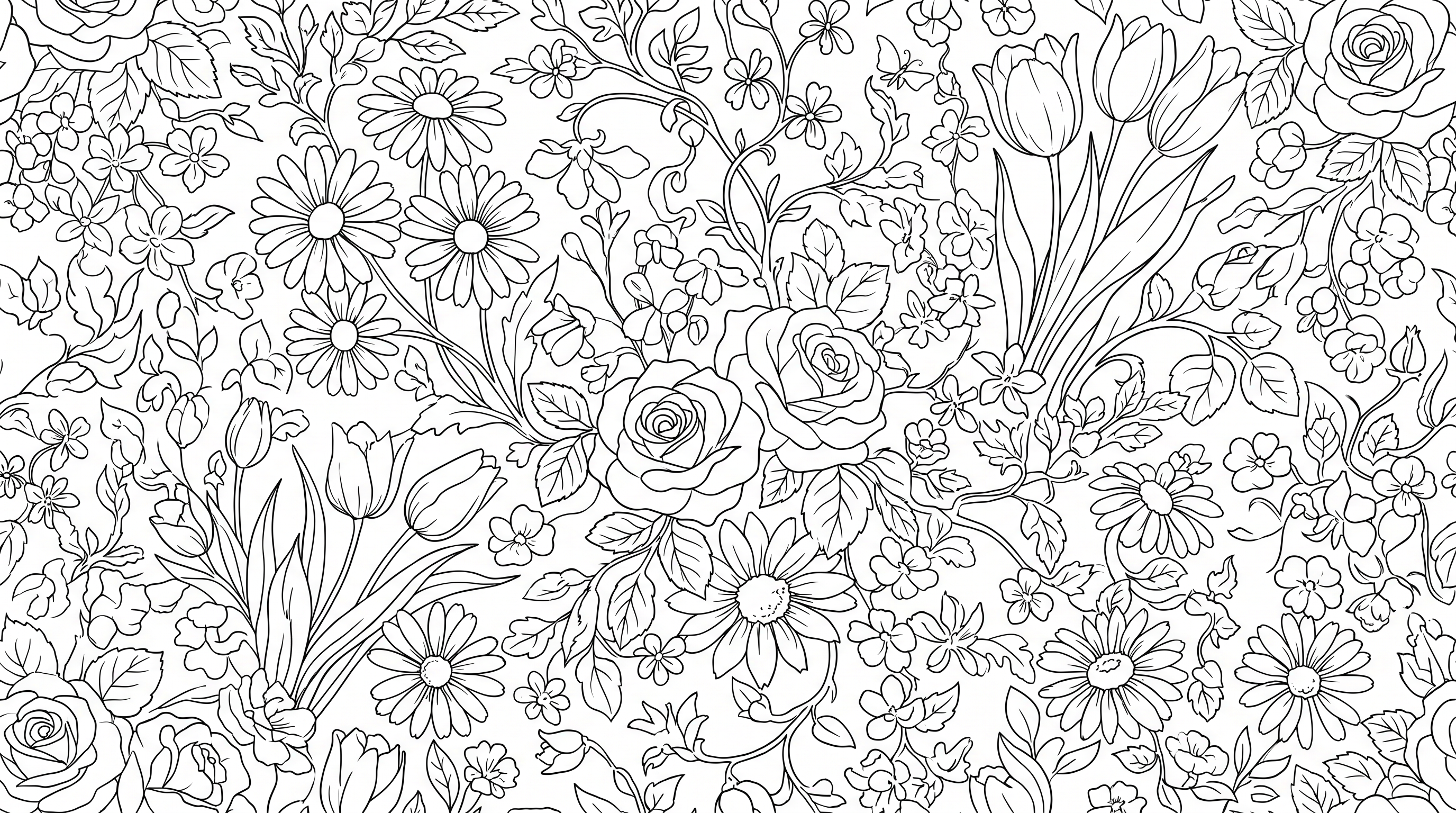 A detailed floral pattern with roses, daisies, and tulips intertwined. coloring page to print